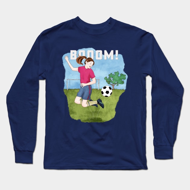 Booom! Girl playing soccer Long Sleeve T-Shirt by SW10 - Soccer Art